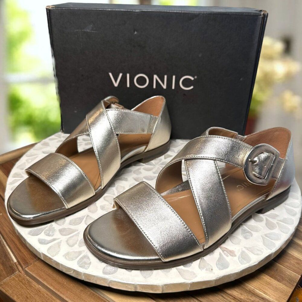 Vionic Pacifica Supportive Orthotic Sandal Gold Metallic Leather Women’s 9 Wide